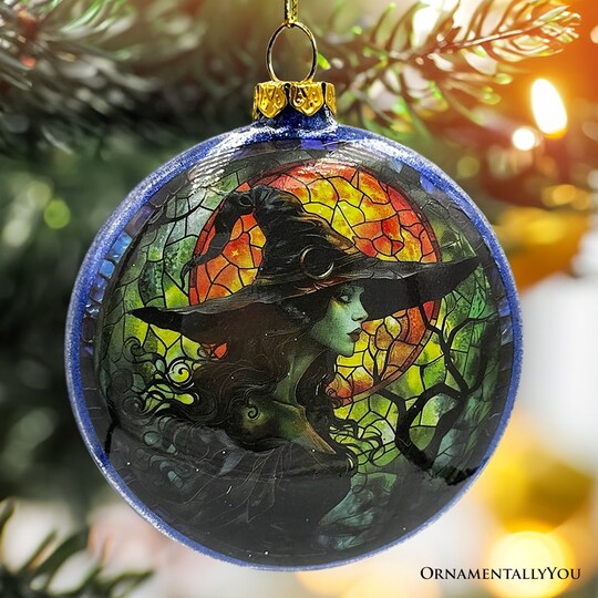 Witch and Black Cat Stained Glass Handblown Ornament, Spooky Halloween Decor